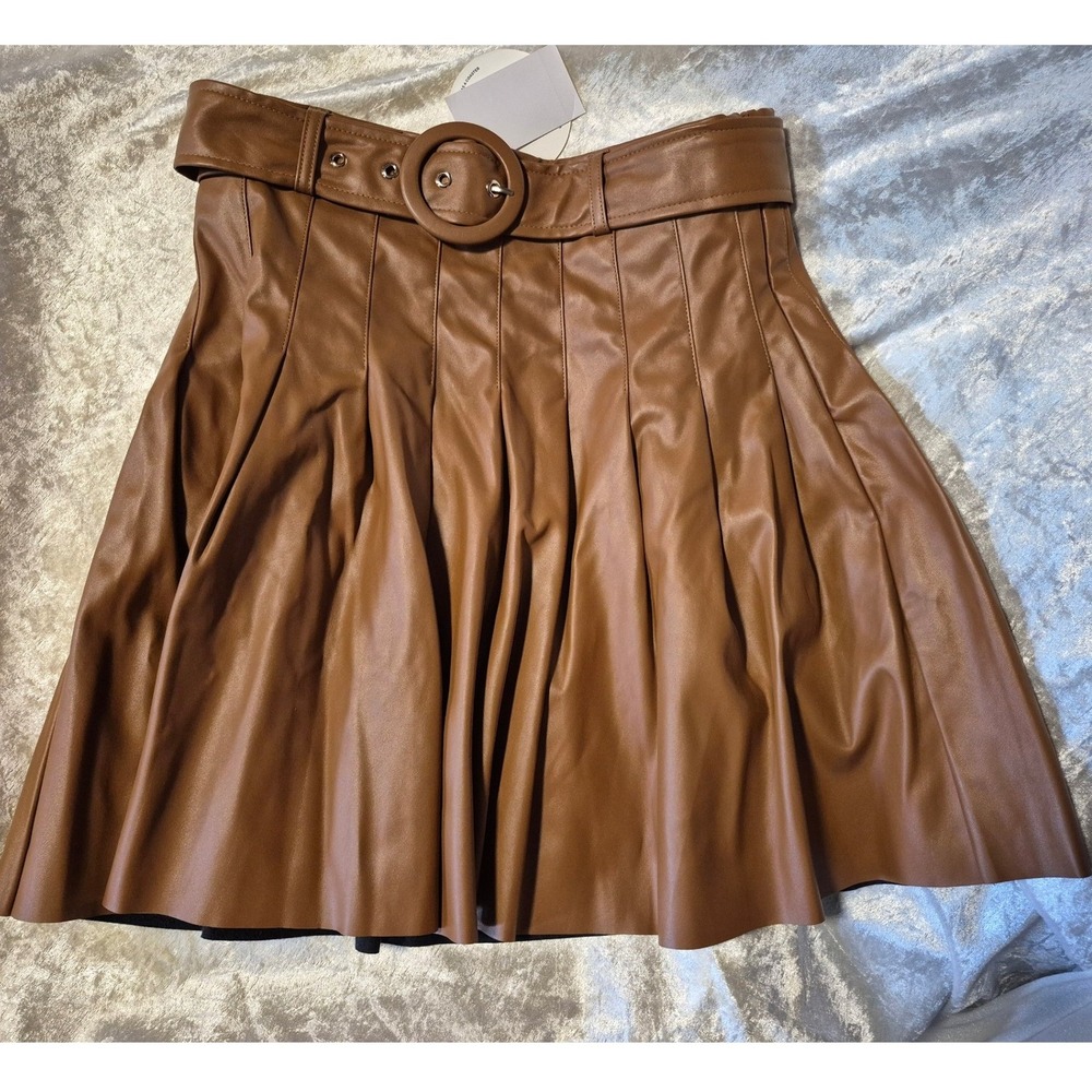 Lost + Wander Brown Faux Leather Pleated Belted Mini Skirt, Women's